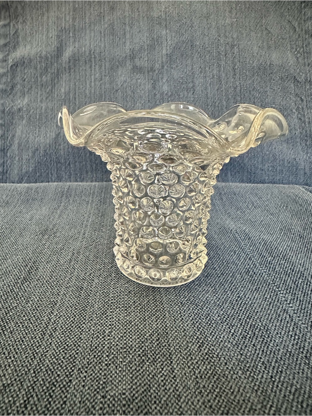 Vintage Duncan & Miller Clear Hobnail Ruffle Vase-4.25 in tall-ca. 1930-1950